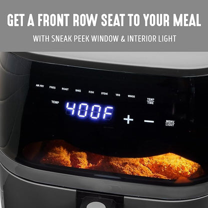 GreenLife Compact Electric Air Fryer Oven, 5.3 QT, PFAS-Free Ceramic Nonstick Drawer, 8 One Touch Digital Display, Easy View Window, Auto Shut-Off Timer, Dishwasher Safe Parts, 1500 Watts, Graphite