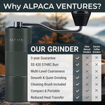 Load image into Gallery viewer, Manual Coffee Grinder by Alpaca Ventures - Stainless Steel Conical Burr Coffee Grinder Manual with Adjustable Setting Double Bearing Hand Espresso Grinder Perfect for Home, Office and Camping