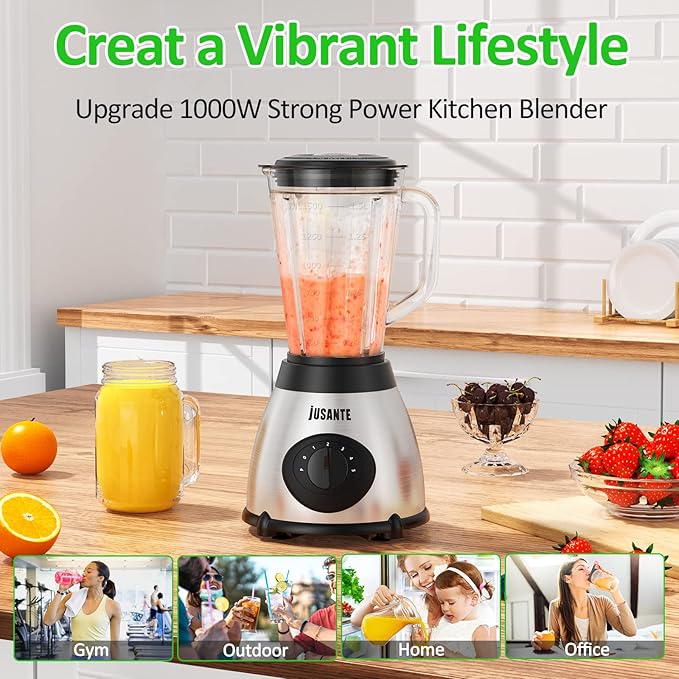 Smoothie Blender, 1000W Professional Countertop Blenders with 48oz Glass Jar for Kitchen,Shakes, Ice Crusher, Frozen Fruit