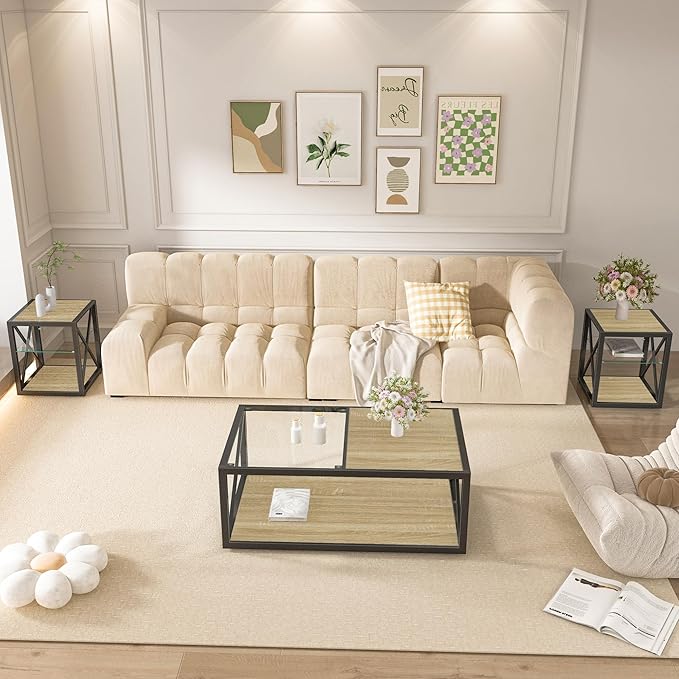 Rustic Coffee Table Set of 3, End Table Mordern Living Room Table Set with Tempered Glass Top Splicing Wood MDF, Black Metal Frame Industrial Style, Natural