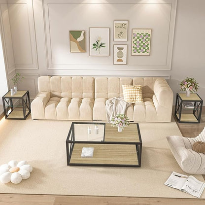 39" Glass Coffee Table Mordern Living Room Table with Black Metal Frame, Rectangle Tempered Glass Top & Rustic Wood MDF Storage Shelves, Industrial Style Natural