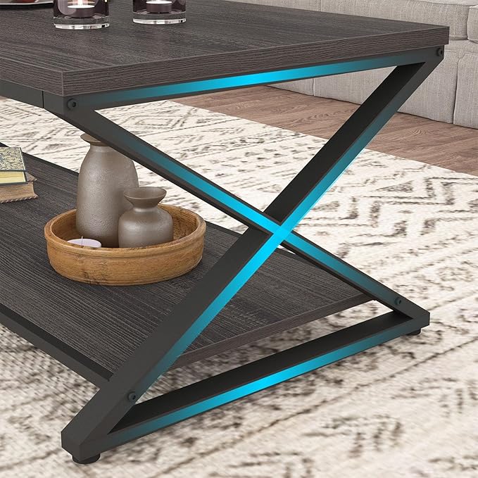 HSH Gray Coffee Table for Living Room, Minimalist Rectangle Center Table with Storage Shelf，Industrial Dark Wood and Metal Cocktail Tea Table, Office Simple 2 Tier Display Coffee Table, 47 Inch