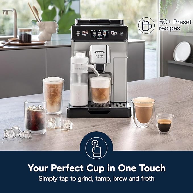 De'Longhi Eletta Explore Espresso Machine with Cold Brew, Hot & Cold Milk Frother - 50+ Recipes, Built in Grinder, User Profiles, Smartphone Compatible with Bean Adapt Technology for Ideal Extraction