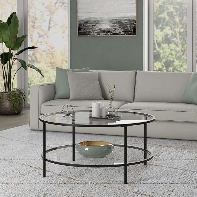 Henn&Hart 36" Round Coffee Table with Glass Top and Glass Open Storage Shelf for Living Room, Family Room, Office, or Apartment, Blackened Bronze