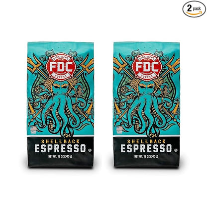 Fire Department Coffee - Gives Back to Firefighters - Shellback Espresso Coffee Beans - Bold & Smooth - Roasted in the USA - Premium Espresso - Veteran Owned (12 oz, Pack of 2)