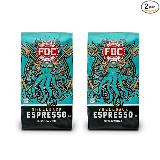 Fire Department Coffee - Gives Back to Firefighters - Shellback Espresso Ground Coffee - Bold & Smooth - Roasted in the USA - Dark Roast Espresso - Veteran Owned (12 oz, Pack of 2)