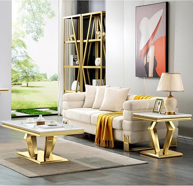 Living Room Table Set, 2-Piece Table Set Includes Coffee Table & End Tables, White and Gold Table Set for Home Apartment Office