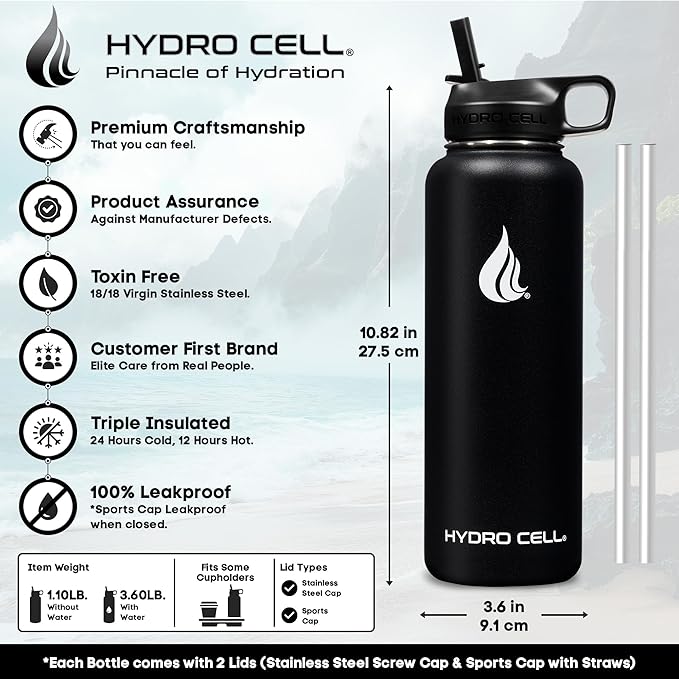HYDRO CELL Stainless Steel Insulated Water Bottle with Straw - For Cold & Hot Drinks - Metal Vacuum Flask with Screw Cap and Modern Leakproof Sport Thermos for Adults (Black 40oz)