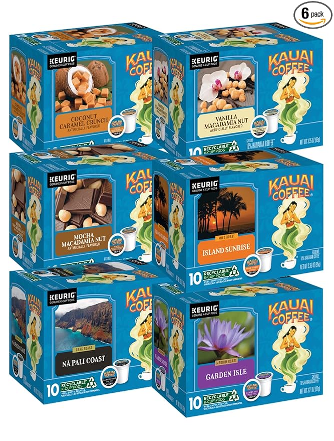 Kauai Coffee K-Cup Pods for Keurig Brewers – Arabica Coffee, 10% Hawaiian – Mild, Medium and Dark Roast, Rich, Smooth, No Bitterness – Six Flavors, 6 Packs of 10 Single Serve K-Cups
