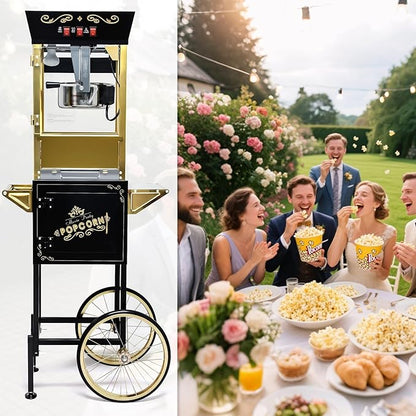Vintage Popcorn Machine with Cart, 12oz Popper Stainless-Steel Kettle & Warming Light, Makes Up to 60 Cups, Ideal for Family Gatherings, Movie Theaters & Amusement Parks, Black&Gold
