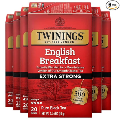 Twinings Extra Strong English Breakfast Black Tea Individually Wrapped Bags, 20 Count (Pack of 6), Robust, Caffeinated, Enjoy Hot or Iced, 120 Teabags