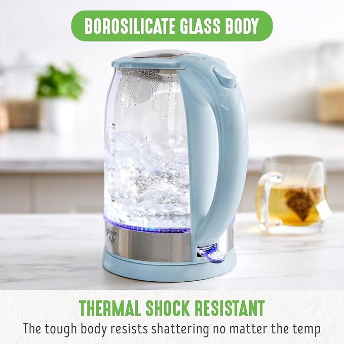 GreenLife 1.7 Liter Glass Electric Kettle, Easy One Touch Use, Quick Heating, Filtered Spout, LED Base, Auto Shut-Off, Cordless Serving, Coffee and Tea, Blue Haze