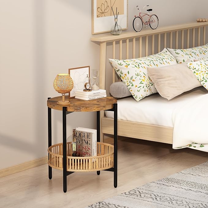 Lamerge 3 Pieces Coffee Table Set for Living Room, Boho Living Room Table Set with Rattan Storage Shelf and Metal Frame, Round Coffee Table & 2 End Side Tables for Apartment Home Office