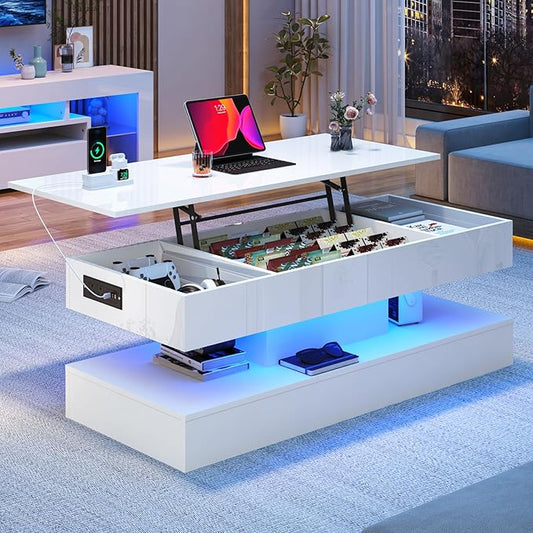 47.2" Large Lift Top Coffee Table,Modern High Glossy LED Coffee Tables for Living Room with Storage Drawer,White Living Room Tables for Livingroom,Dining Room,Bedroom Home Office(White)