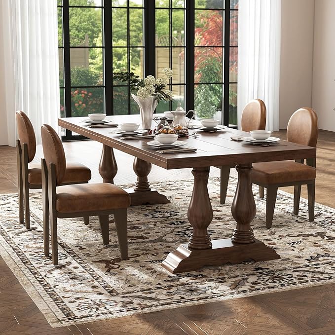 Mid-Century Modern Walnut Dining Chairs Set of 4, Vintage Brown Leather Wooden Kitchen Chairs, Retro Upholstered PU Cushioned Seat with Curved Backrest, Armless Accent Side Chair for Bedroom