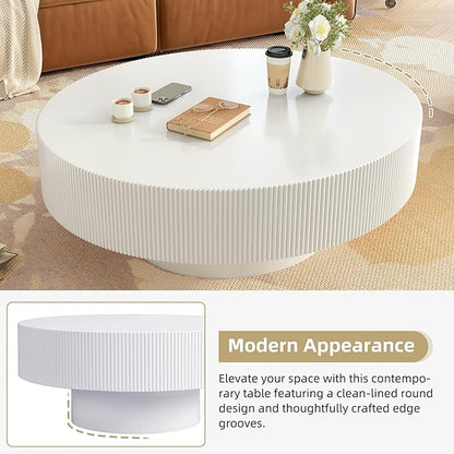 31.5 Inch Round Drum Coffee Table, Modern Handcraft Fluted Drum Coffee Table, Wooden Round Coffee Table Center Table Cocktail Table with Stable Pedestal for Living Room Apartment (White)