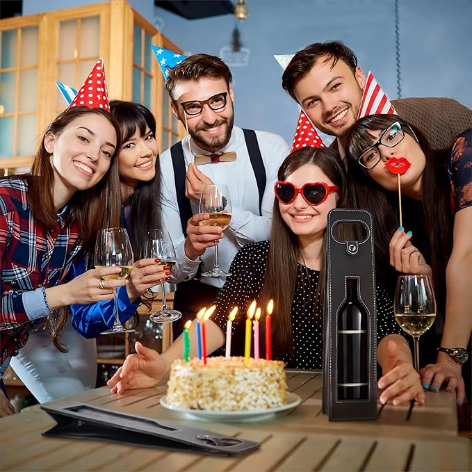 Abbylike 4 Pcs Wine Tote Bag Reusable Leather Wine Carrier Tote Wine Purse Case Holder Single Bottle Champagne Beer Gift Bags Carrier for Christmas Wedding Birthday(Window Style,Black)