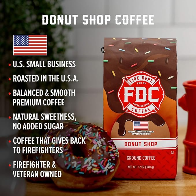 Fire Department Coffee - Gives Back to Firefighters - Sweet & Smooth Donut Shop Coffee Beans - Medium Roast - Roasted in the USA - Veteran Owned - 12 oz
