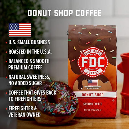 Fire Department Coffee - Gives Back to Firefighters - Sweet & Smooth Donut Shop Coffee Beans - Medium Roast - Roasted in the USA - Veteran Owned - 12 oz