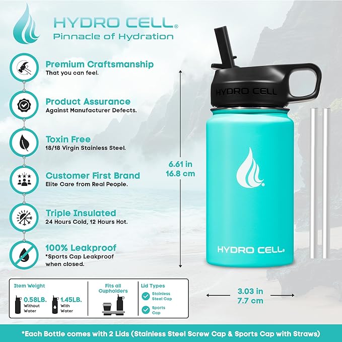HYDRO CELL Stainless Steel Insulated Water Bottle with Straw - For Cold & Hot Drinks - Metal Vacuum Flask with Screw Cap and Modern Leakproof Sport Thermos for Adults (Teal 14oz)