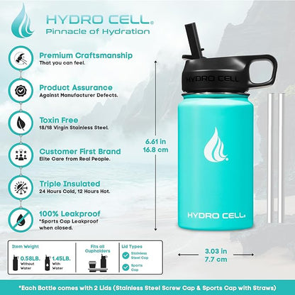 HYDRO CELL Stainless Steel Insulated Water Bottle with Straw - For Cold & Hot Drinks - Metal Vacuum Flask with Screw Cap and Modern Leakproof Sport Thermos for Adults (Teal 14oz)