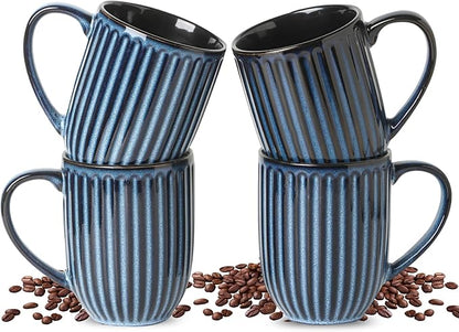 Hasense Coffee Mugs Set, 16 oz Ceramic Coffee Cups, Ribbed Tea Cup Set of 4, Dishwasher & Microwave Safe, Wedding, Housewarming Gift, Navy Blue