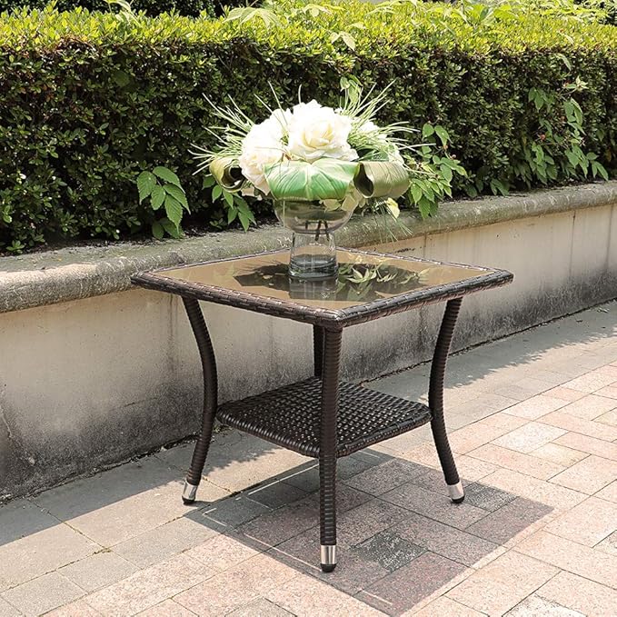 Super Patio Outdoor Side Table, 20" Square Wicker End Table, Tempered Glass Top Coffee Table with Storage, Aluminum Frame-Brown