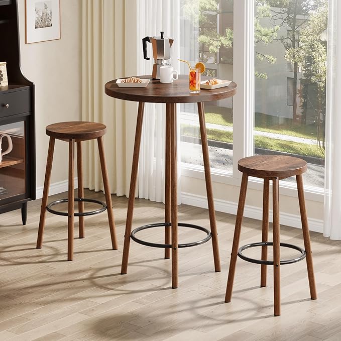 Tribesigns 3 Pieces Bar Table Set, 23.6" Round Pub Table, Small Bar Height Pub for 2, Industrial Home Bar Unit Set with 2 Stools for Kitchen, Dining Room, Living Room & Bistro, Rustic Brown