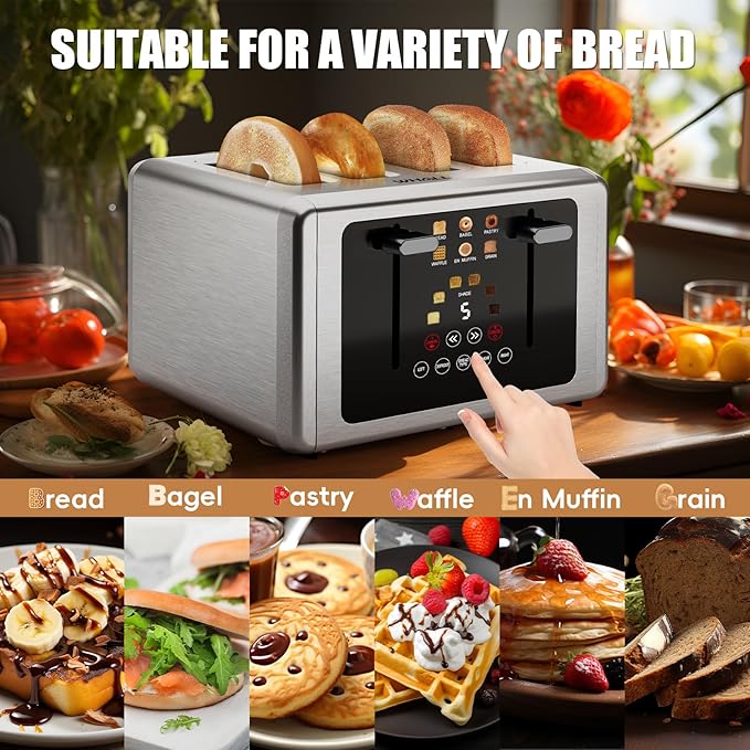 whall 4 Slice Touch Screen Toaster, Stainless Steel Toasters Digital Timer, Dual Control Panel Toasters，6 Shade Settings＆6 Bread Types, Smart Wide Slots, Bagel, Cancel, Defrost,Gray