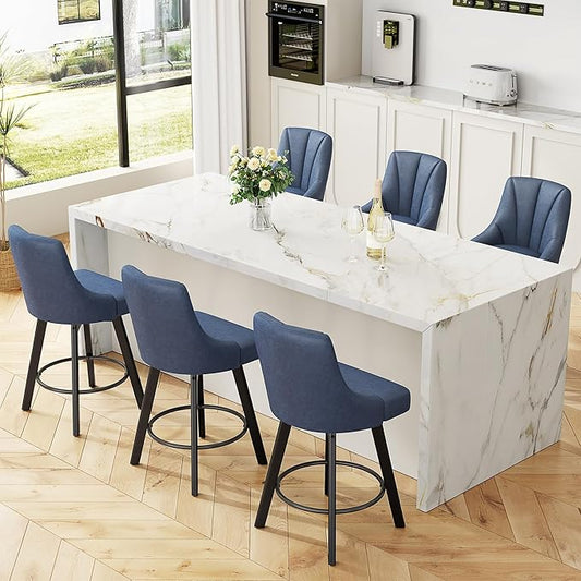 Swivel Bar Stools with Backs, 24" Counter Height Bar Stools Set of 6, Fabric Upholstered Counter Barstools with Solid Wood Legs for Kitchen Island, Home Bar, Blue