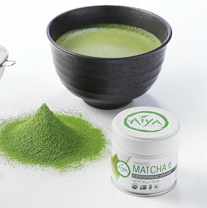Aiya Organic Ceremonial Grade Matcha Powder - Premium Matcha Ceremonial Grade, Vibrant Jade Green Color, Mild Natural Sweetness, Japanese Tea Ceremonies - 30g Tin