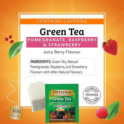 Twinings Green Tea with Pomegranate, Raspberry, & Strawberry Individually Wrapped Bags, 20 Count (Pack of 2), Caffeinated, Enjoy Hot or Iced, 20 Teabags