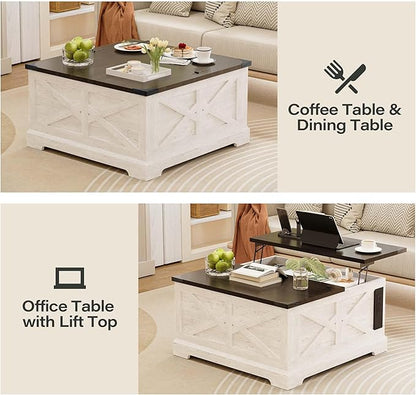 LAUSAINT HOME Farmhouse Lift-Top Coffee Table with Large Hidden Storage Compartment, Wood Square Center Table with Lifting Top for Living Room, Home Office, White
