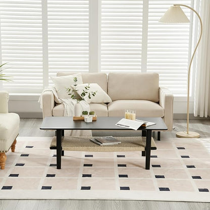 Kmax Coffee Table with Storage, Black Coffee Table Farmhouse Living Room Tables Rectangular Center Table with Rope Woven/Rattan Storage Shelf for Living Room Reception