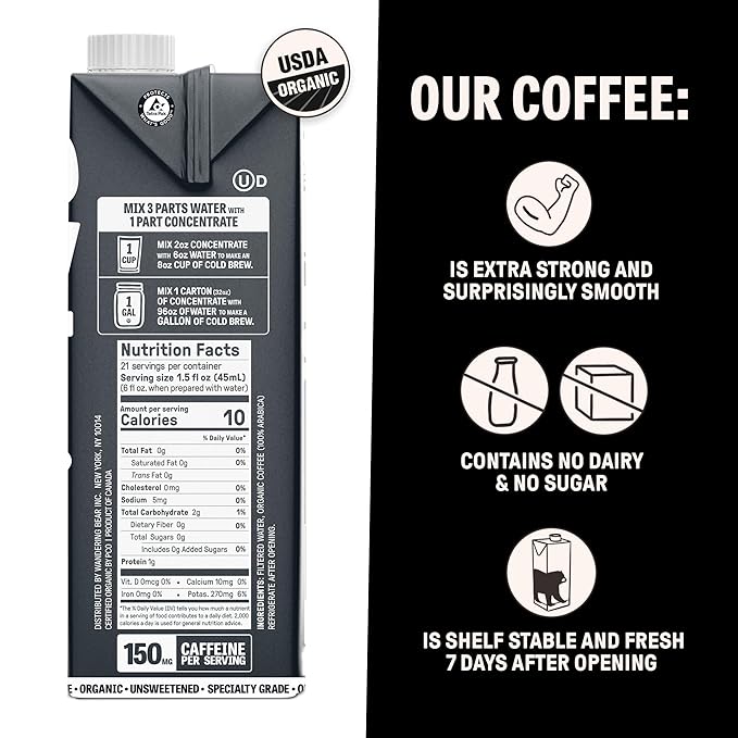 Wandering Bear Organic Unsweetened Extra Strong Cold Brew in a Box Coffee, Shelf-Stable, 21 Servings, Ideal for Wandering Black Concentrate