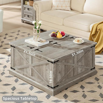 Farmhouse Coffee Table with Large Hidden Storage Compartment, Light Oak Square Center Table, Wood Rustic Low Modern Living Room Tables with Hinged Lift Brown Top & Wooden Arc Base