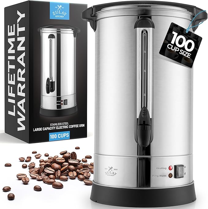 Zulay Commercial Coffee Maker Machine Urn - Large Percolator Pot Dispenser With Double-Wall Stainless Steel, Quick Brew, Stays Hot - Also for Water, Tea, Beverage at Events & Catering - 100 Cup Silver