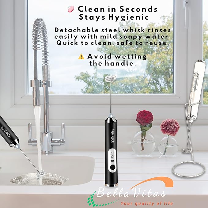 Rechargeable Handheld Milk Frother, Coffee Frother Wand with Stand and 2 Stainless Steel Whisks, Portable Mixer and Foamer, 3 Speed Whisk for Latte, Cappuccino, Matcha, Cocoa, Eggs, White-1