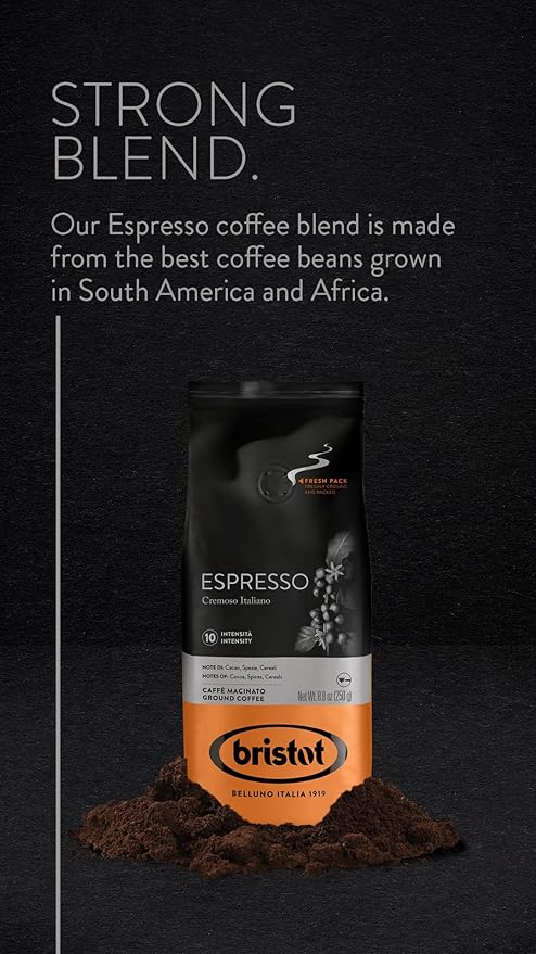 Bristot Espresso Cremoso Italiano Ground Coffee – Medium Roast, Rich & Smooth – 8.8oz (250g) Bag – Italian Ground Espresso for Home Machines (Pack of 2)