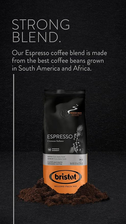 Bristot Espresso Cremoso Italiano Ground Coffee – Medium Roast, Rich & Smooth – 8.8oz (250g) Bag – Italian Ground Espresso for Home Machines (Pack of 2)