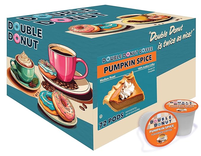 Double Donut Pumpkin Spice Coffee Pods, Medium Roast Coffee, Compatible with Keurig K Cups Brewers, 72 Count