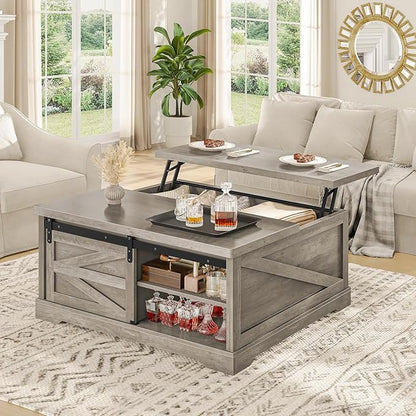 Itaar 39.4'' Lift Top Coffee Table with Storage, Farmhouse Coffee Tables for Living Room, Square Coffee Table with Large Hodden Compartment & 2 Drawrs & Adjustables Shelves (Gray)