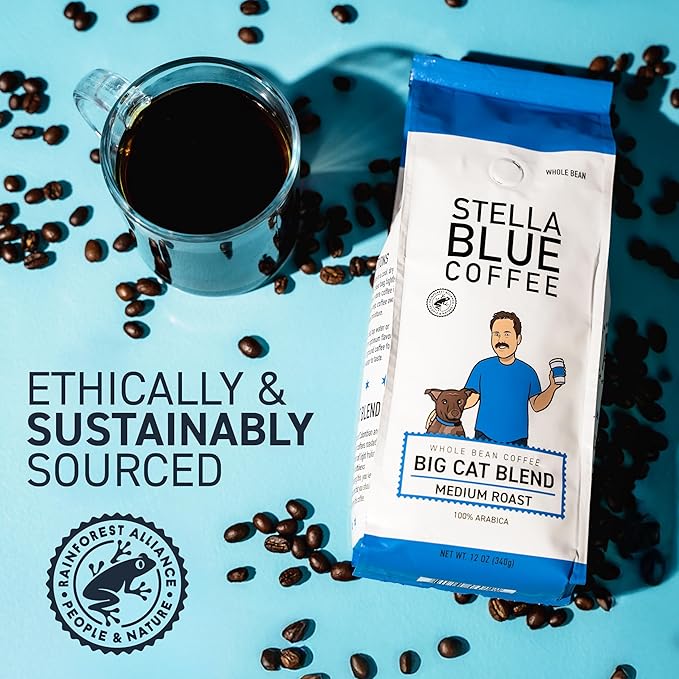 Stella Blue Whole Bean Coffee, Big Cat Blend, Medium Roast Caramel Hazelnut, Fruity Notes 100% Arabica Beans, Ethically Sourced from Central and South America, Smooth Balanced, 12oz Bag