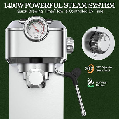 Espresso Machine 20 Bar - Stainless Steel Silver Coffee Maker for Home & Office, Compact with Fast Heating, High-Pressure & Removable Water Tank for Coffee Lovers