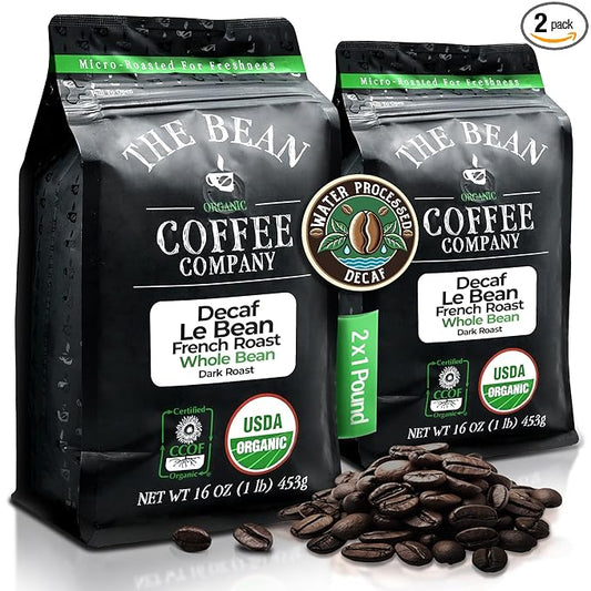 The Bean Organic Coffee Company Water Processed DECAF Le Bean, Dark French Roast, Whole Bean Coffee, 16-Ounce Bags (Pack of 2)