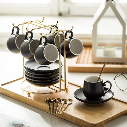 LYEOBOH Espresso Cups and Saucers Set, Ceramic Coffee Cup 3 Ounces Small Demitasse Cups Espresso Mugs with Spoons & Metal Stand for Cappuccino, Latte, Tea, Set of 6, Black