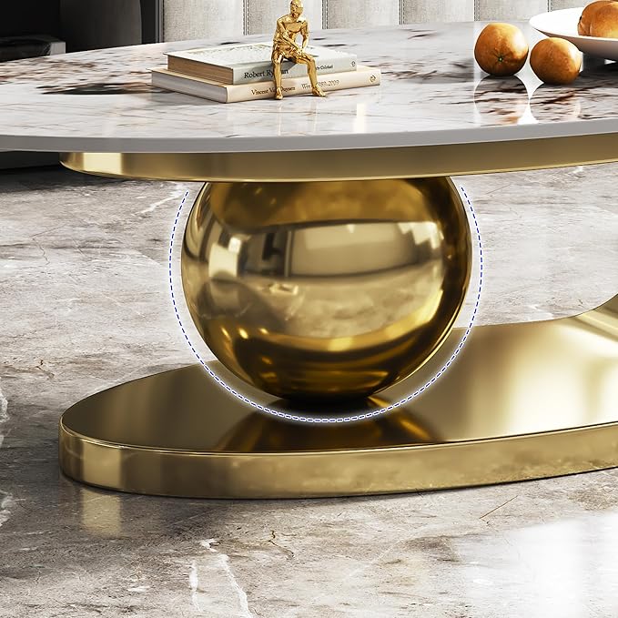 Modern Coffee Table with Gold Stainless Steel Pedestal,Oval Living Room Table with Faux Marble Top,Sintered Stone Cocktail Center Table Marble Grain,51.20inch