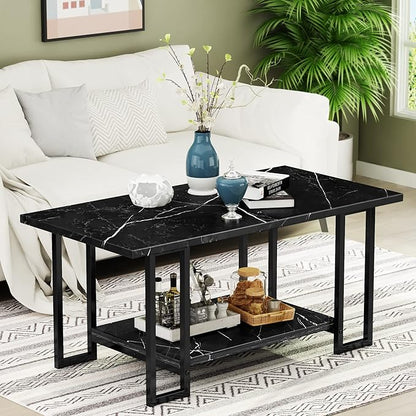 Lamerge Coffee Table, Modern Faux Marble Top Coffee Table with Metal Frame and Storage Shelf, 2-Tier Rectangle Accent Cocktail Table for Living Room, Office (Black)