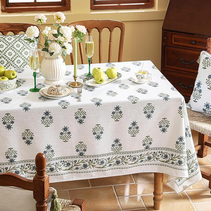 Designer White Linen Table Cloth for Rectangle Table,Chinoiserie Floral Elegant Indoor Tablecloth,Fall Stain Proof Decor Tablecloths for Dining Thanksgiving Kitchen,55"*79"-Mosella F