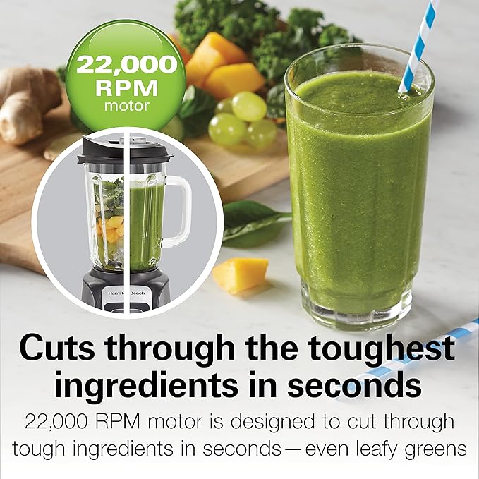 Hamilton Beach PowerMax Professional-Performance Blender for Shakes and Smoothies, Puree and Ice Crush, 48oz BPA-Free Glass Jar, 1680 Peak Watts, Stainless Steel Blades, Gray (58600J)